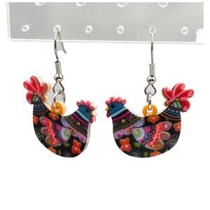 Earrings Hens Colorful Acrylic Chicken Dangle Novelty Fun Pierced SKU 3075